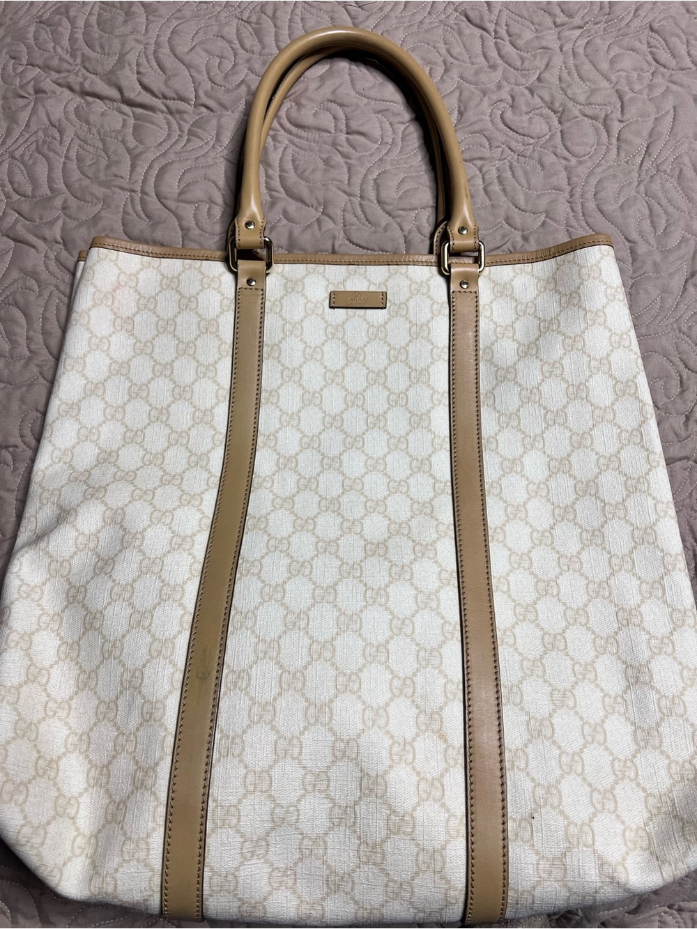 Gucci Ivory Monogram Canvas Tote with Tan Leather Trim